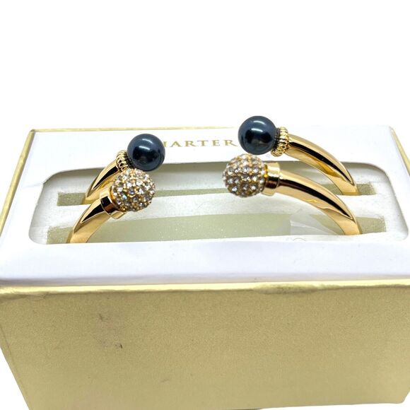 Charter Club Cuff Bracelets 2-Pc. Set Pavé Bead & Imitation Pearl New Gold Tone - Picture 4 of 13